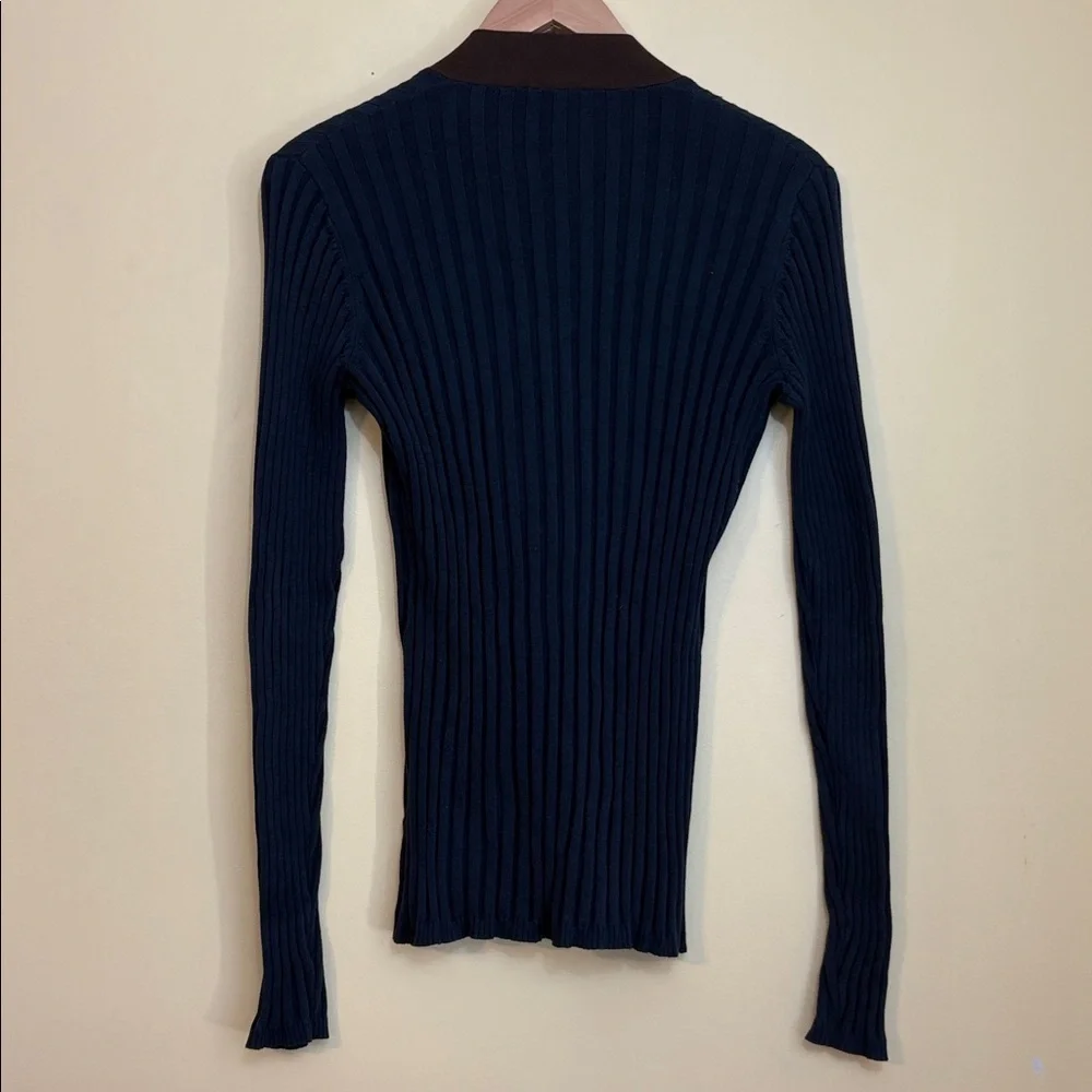 Tory Burch Simone Navy Brown Ribbed 100% Cotton V Neck Button Knit Cardigan S
